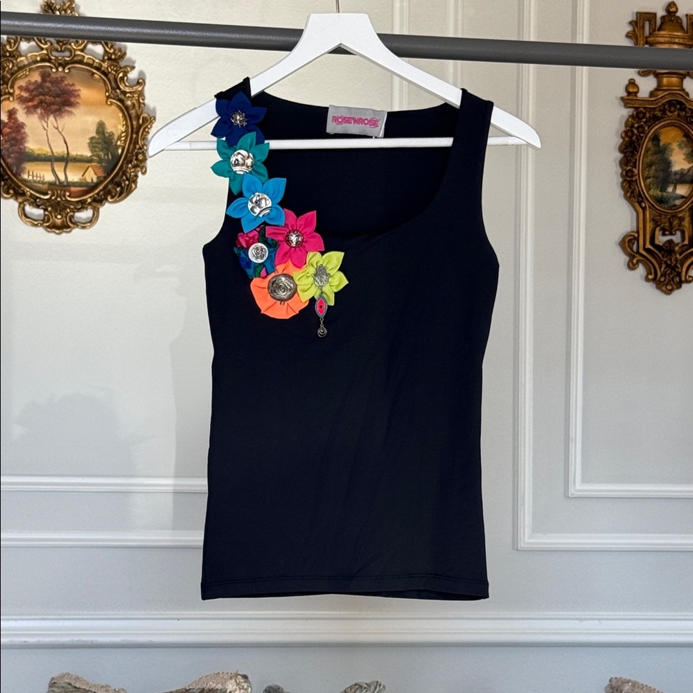 Colorful Floral Embellished Black Tank Top Size M HANDMADE DETAIL DUBAI BOUTIQUE